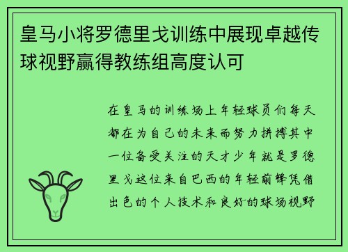 皇马小将罗德里戈训练中展现卓越传球视野赢得教练组高度认可